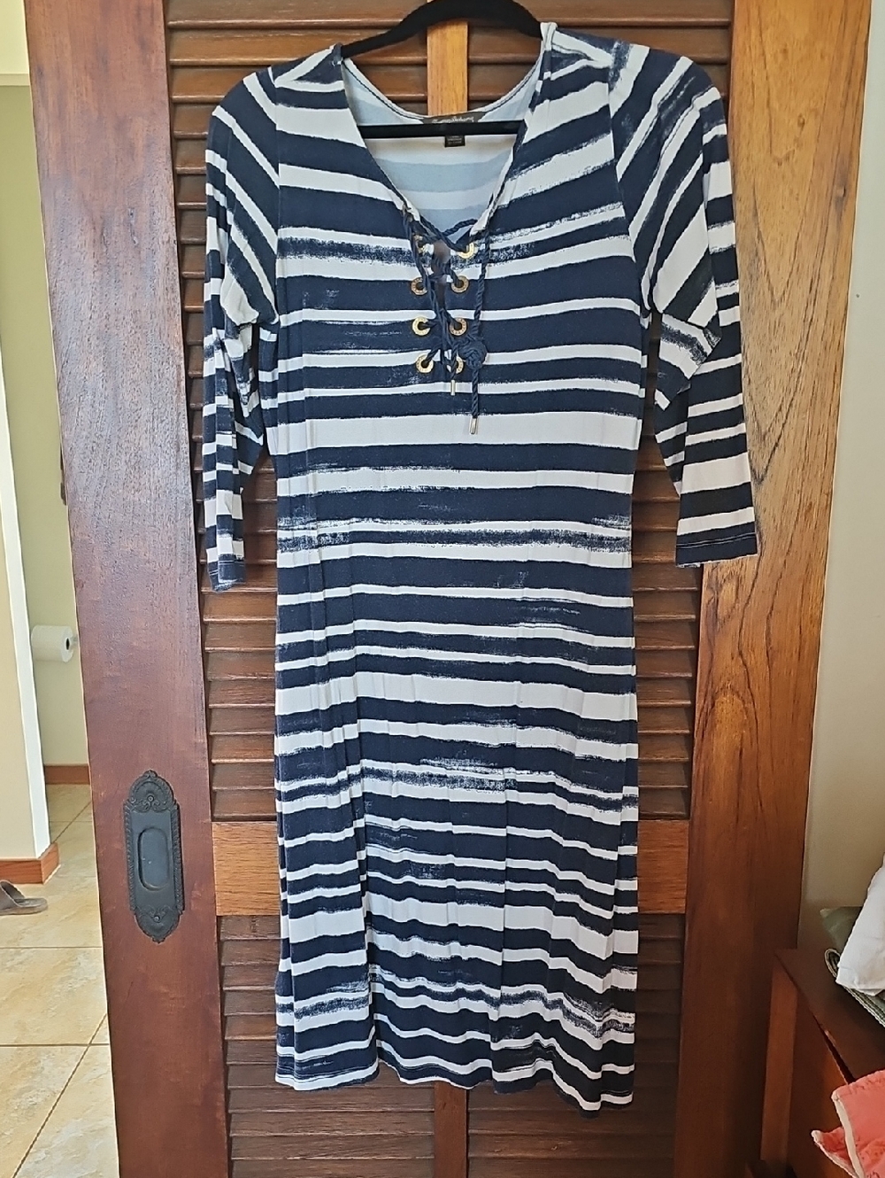 Tommy Bahama Navy and White Lace-Up Striped Midi Dress